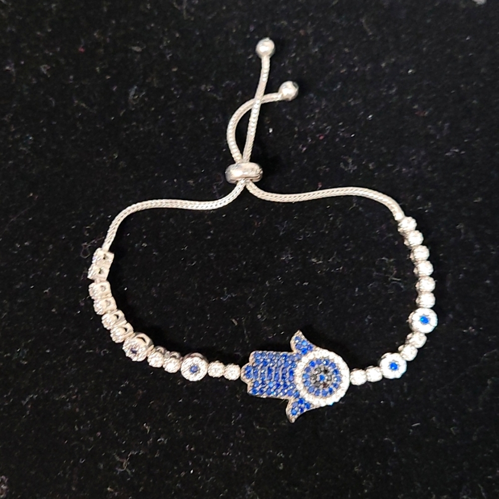Hamsa Bracelet with cz diamonds Blue stones and Sterling silver